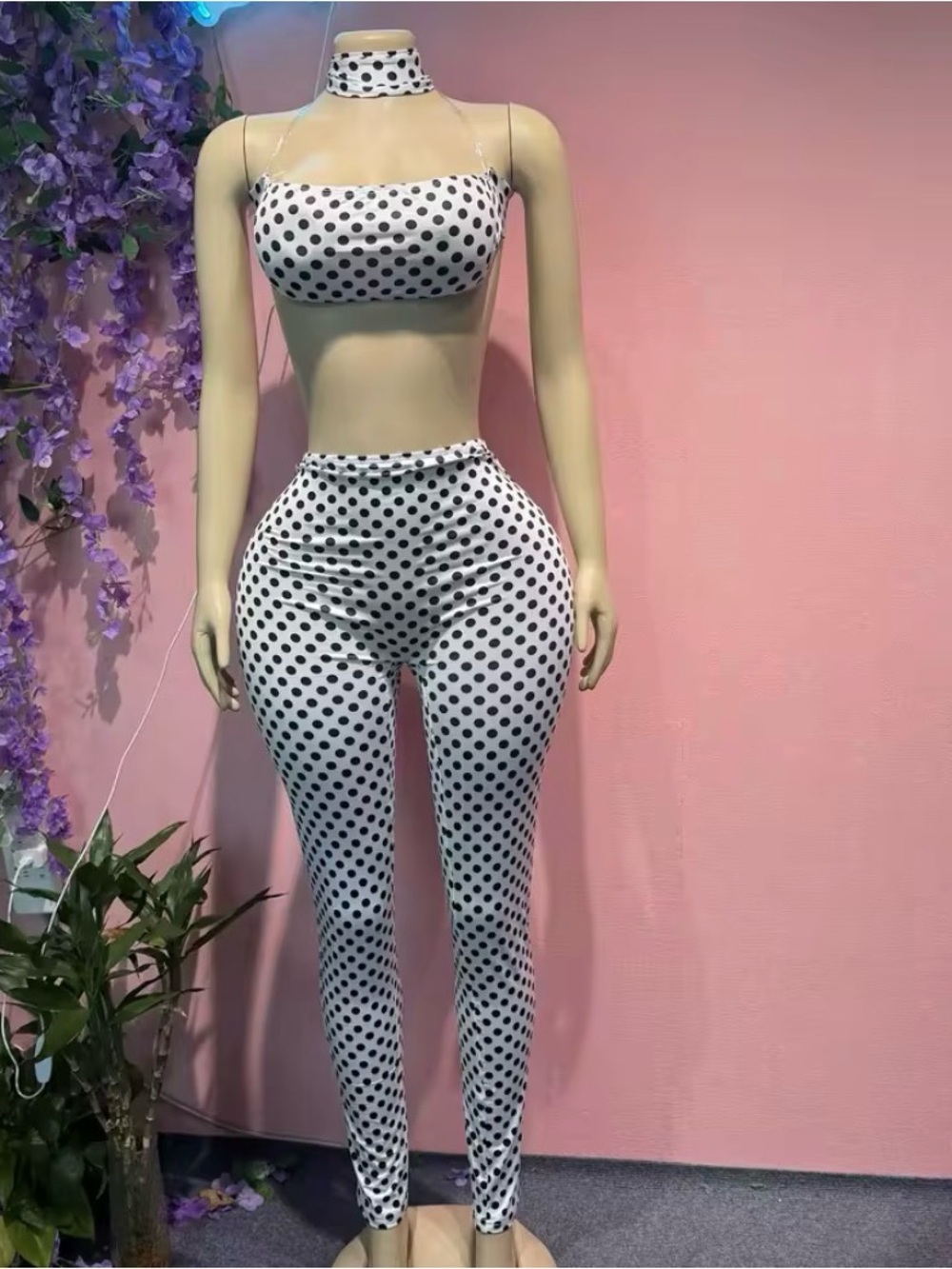 Polka Dot White & Black High-Waist Leggings Set